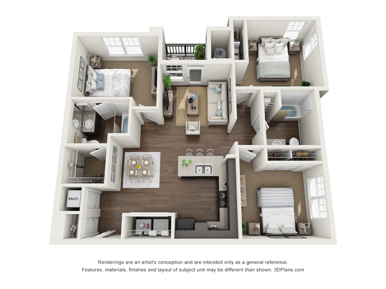 Floor plan for 3 beds, 2 baths, 1162 sqft